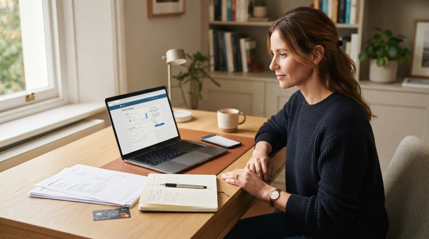 Adult reviewing payment information beside a laptop, phone, card, and documents.