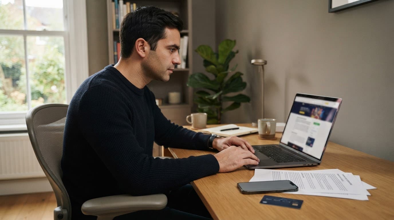 A person reviews a laptop beside printed terms, a phone, and a bank card.