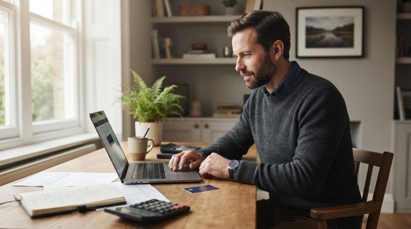 A reviewer examines a laptop beside papers, a calculator, notebook, and payment card.