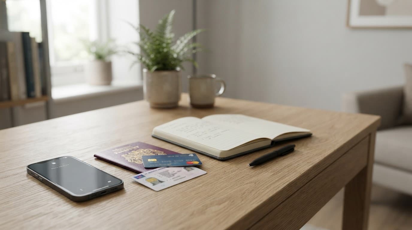 A smartphone beside identity documents, a bank card, and notebook on a neat desk.