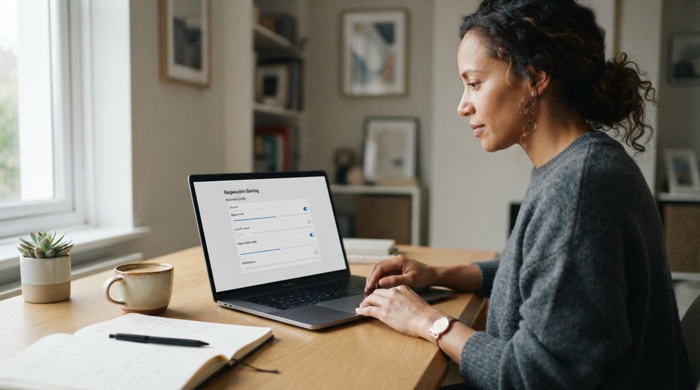 An adult checks gambling settings on a laptop beside a notebook and coffee.
