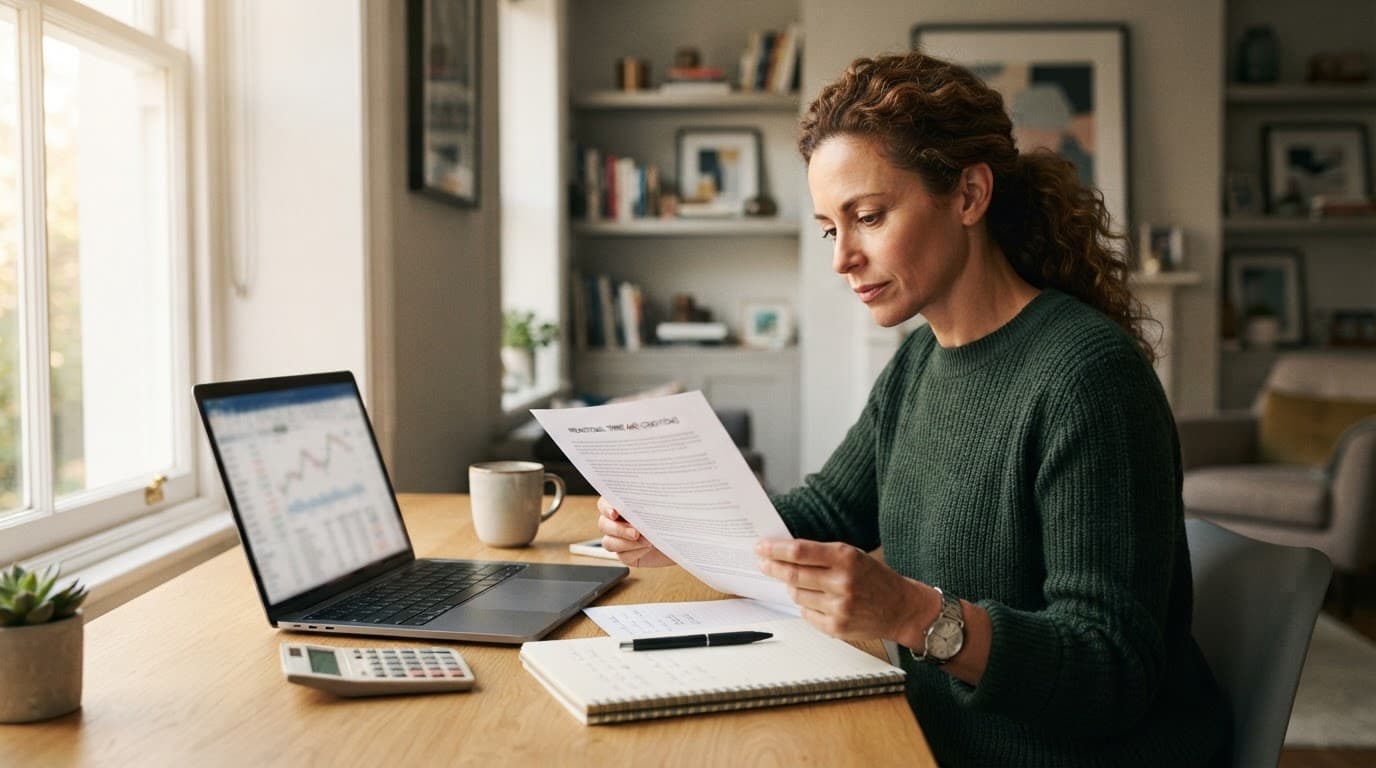 A retail investor reviews share promotion papers beside a laptop and calculator.