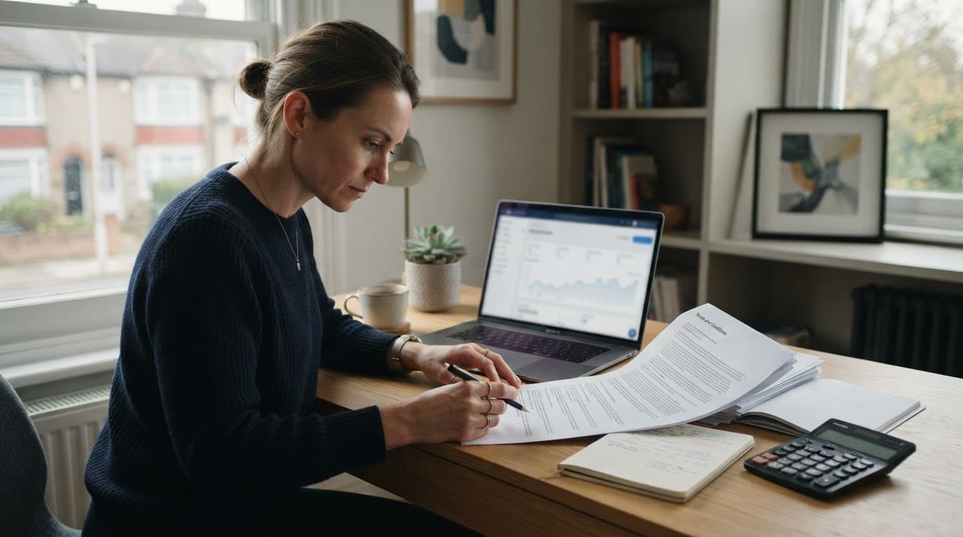 An adult reviews casino terms beside a laptop, notebook, and calculator.