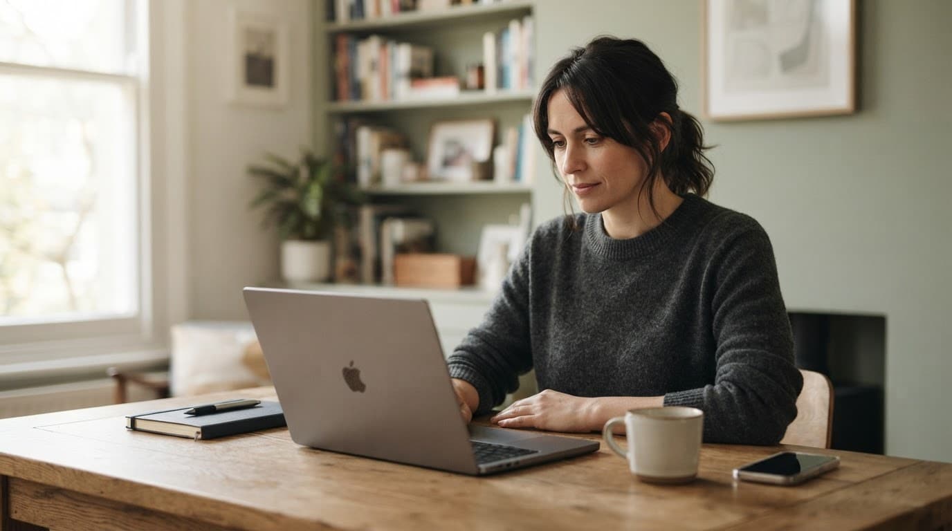 An adult reviews information on a laptop beside a notebook, phone, and coffee.