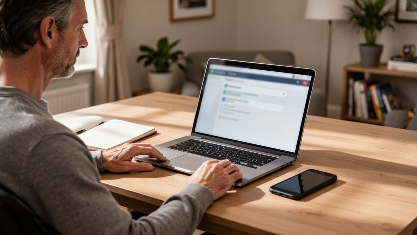 Adult checking account settings on a laptop at a tidy home-office desk.