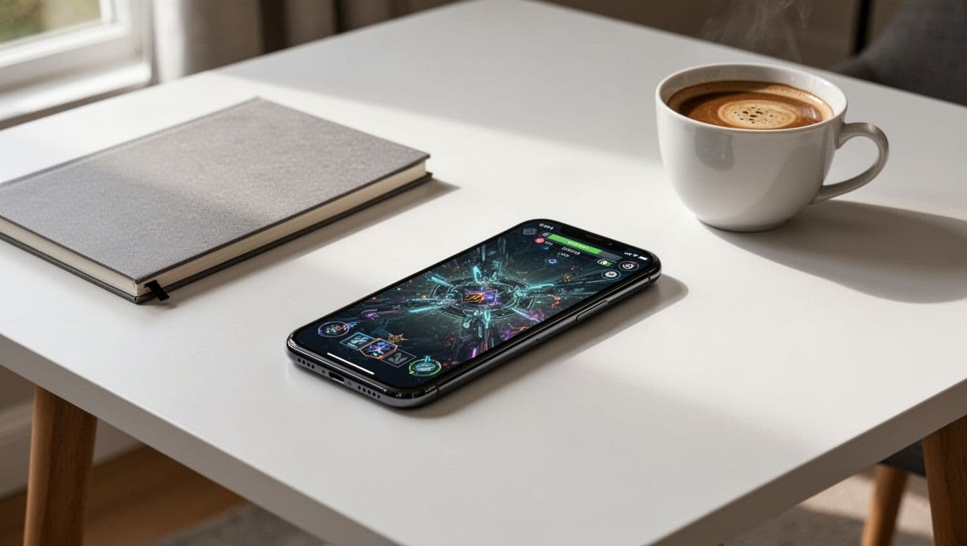A smartphone showing an abstract casino interface beside a notebook and coffee.
