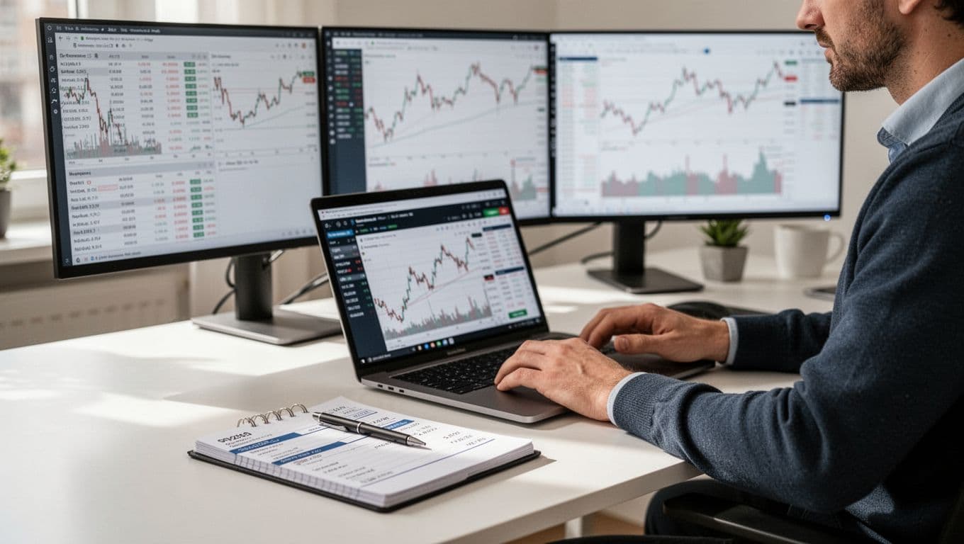 A trader checks blurred forex charts beside a notebook and phone at a home office desk.