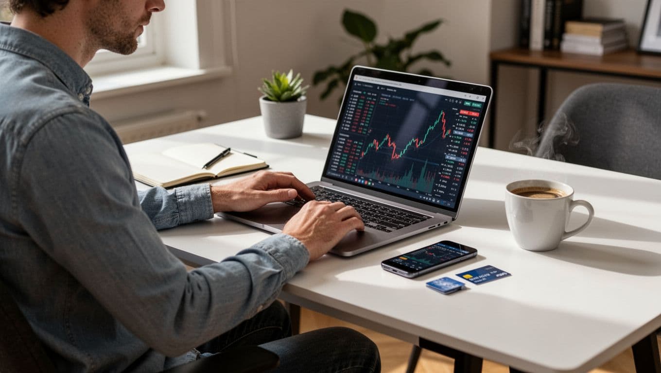 A trader reviews account details on a laptop beside a phone and bank card.