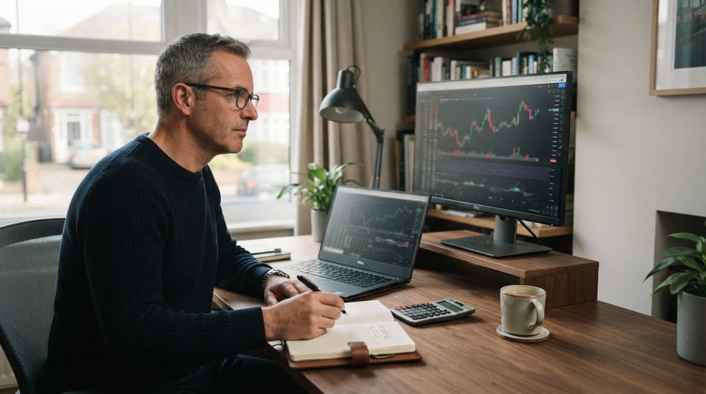 Trader reviewing financial charts beside a laptop, notebook, calculator, and coffee.
