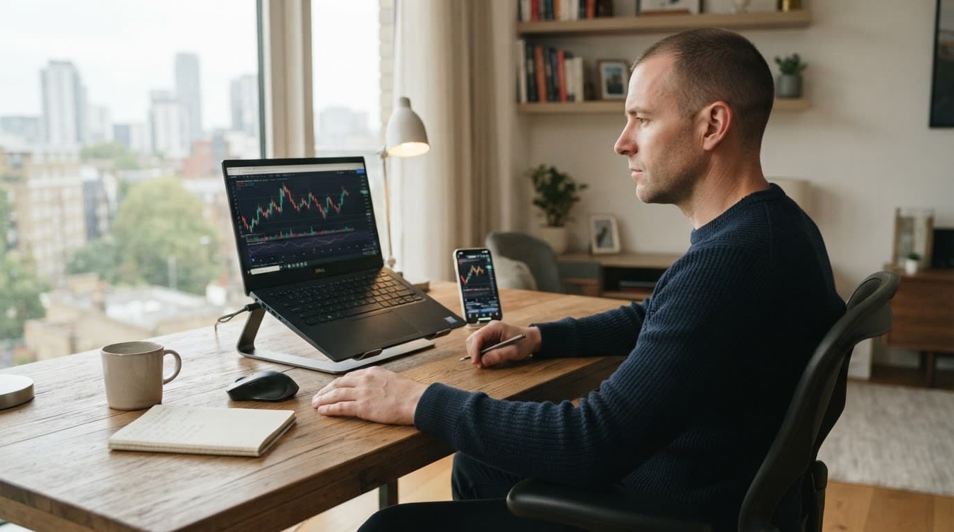 A UK trader compares charts on a laptop and phone at a clean home office desk.