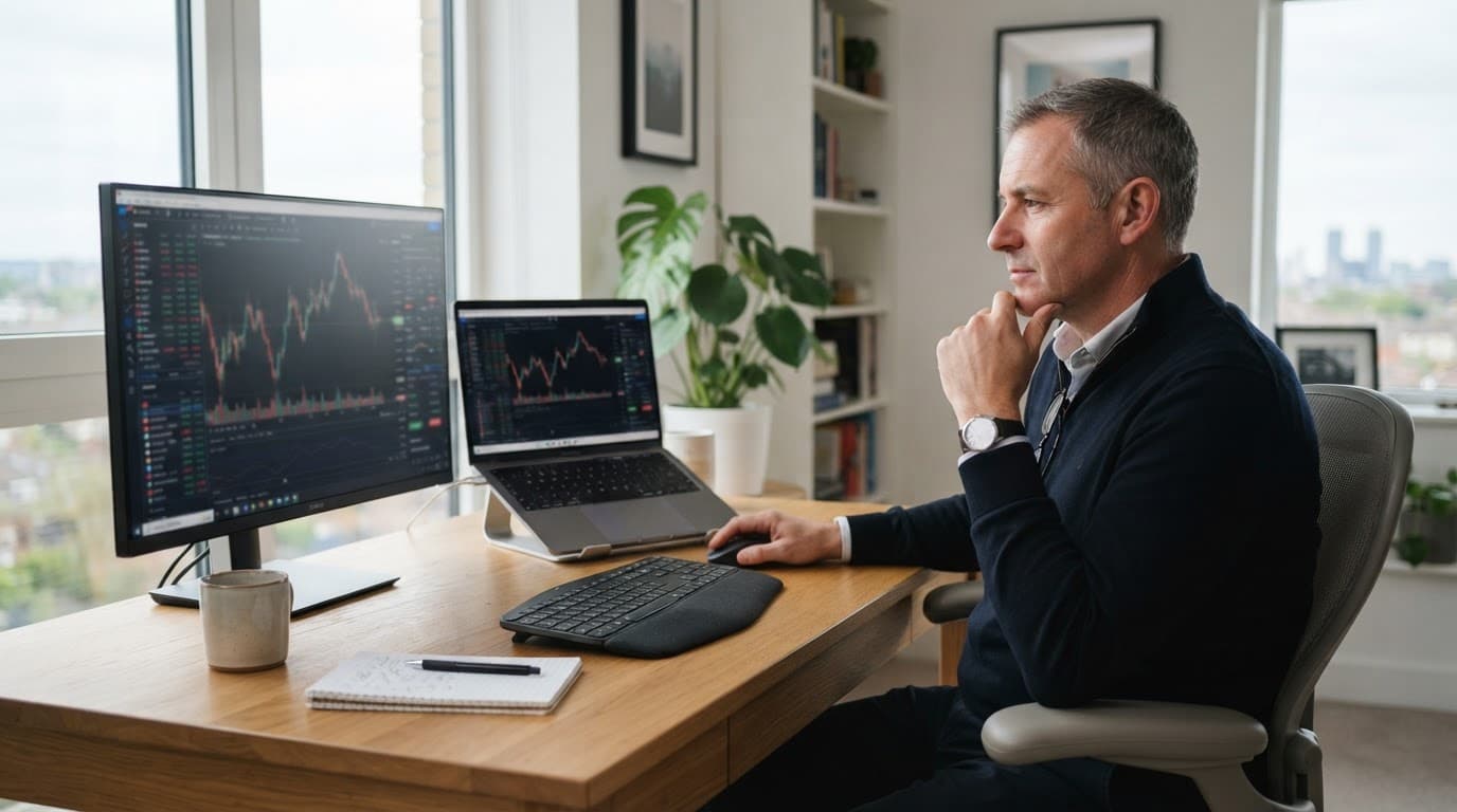 A trader compares blurred forex charts on a laptop and desktop monitor.
