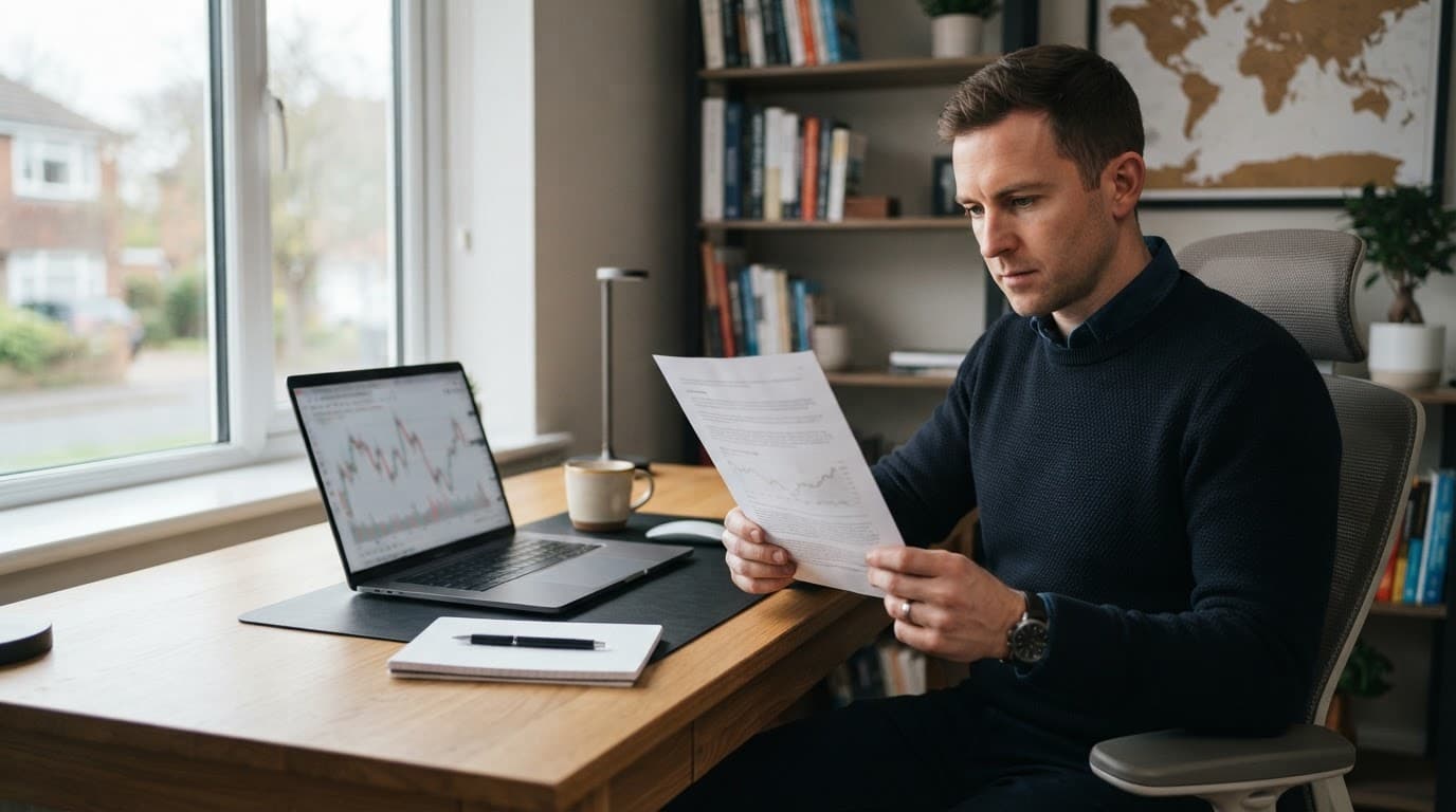 A trader reviews a printed document beside a laptop in a tidy home office.
