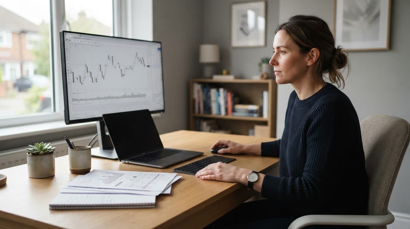 Trader reviewing financial charts and documents at a home-office desk.