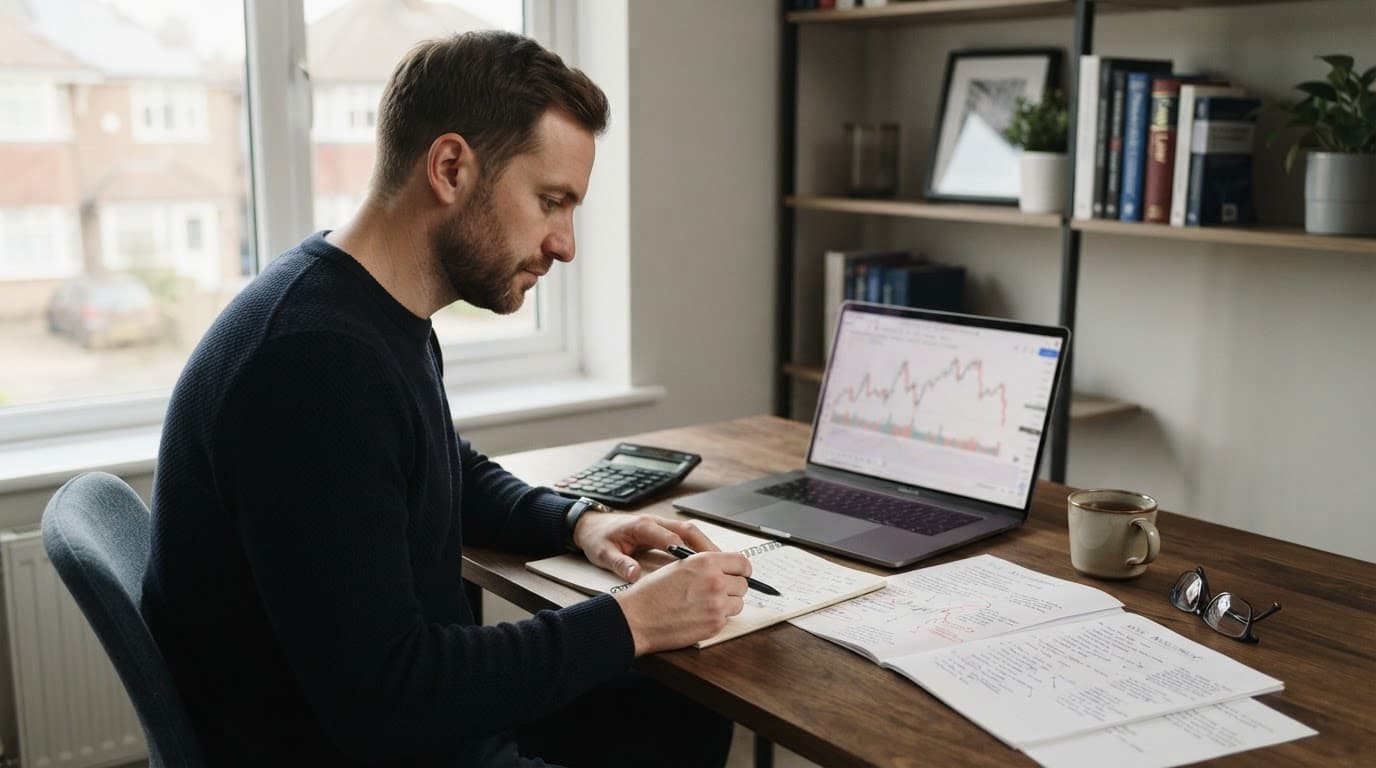 A trader reviews notes beside a laptop, calculator, and notebook in a home office.