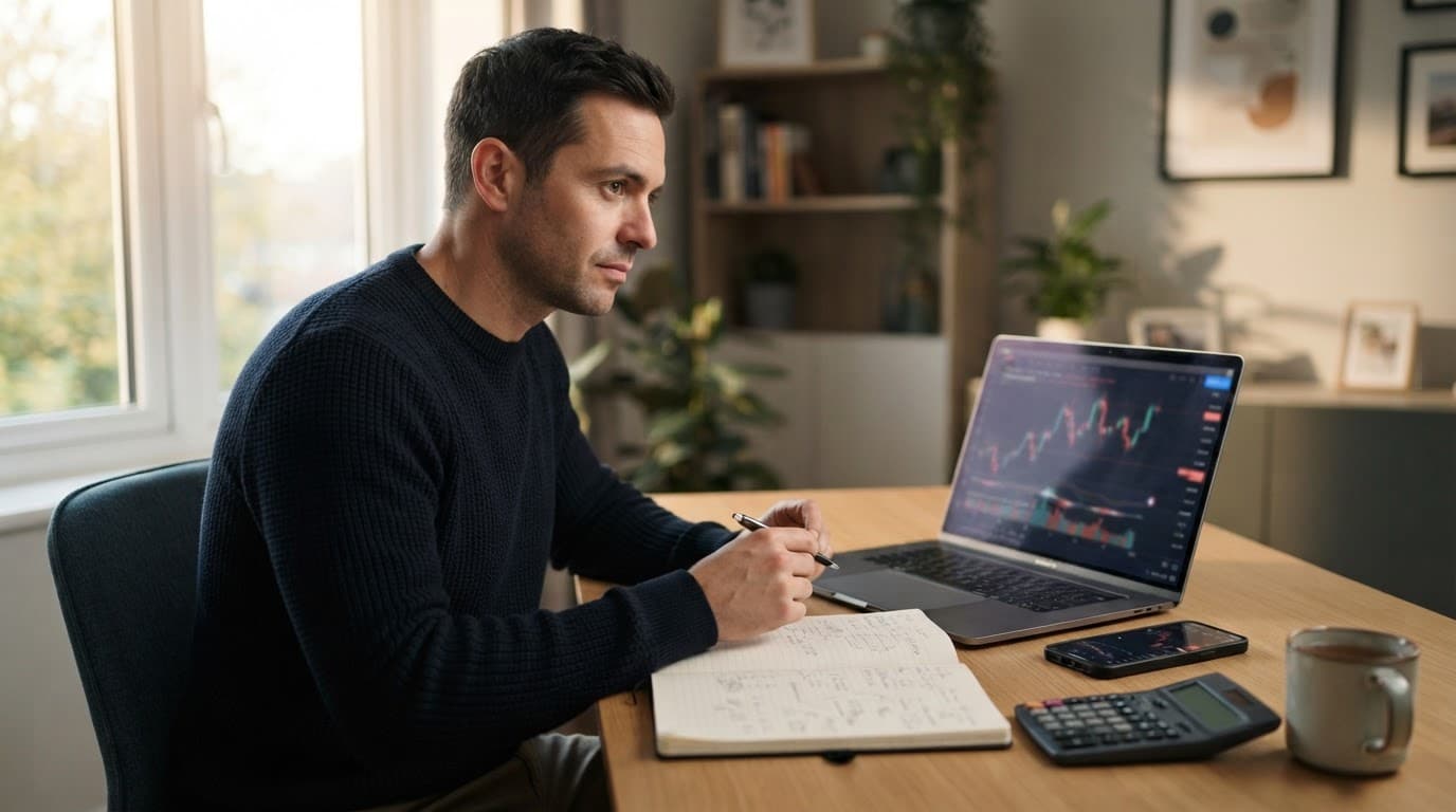 A UK trader compares charts on a laptop and phone beside a notebook and calculator.