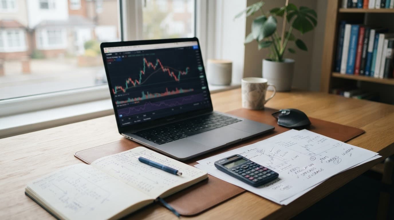 Laptop with blurred forex charts beside a calculator, regulatory paper, and handwritten notes.