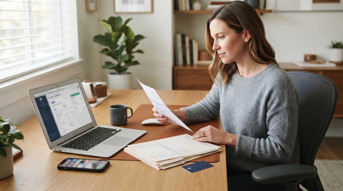 A customer reviews payment documents beside a laptop and smartphone at home.