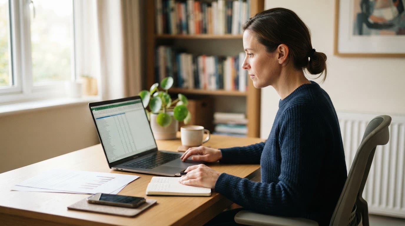 A person checks broker documents beside a laptop and phone at a home office desk.