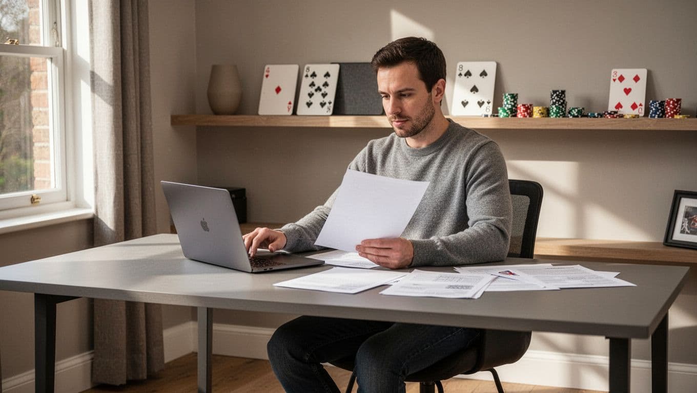 A reviewer checks a laptop and legal documents at a tidy home office desk.