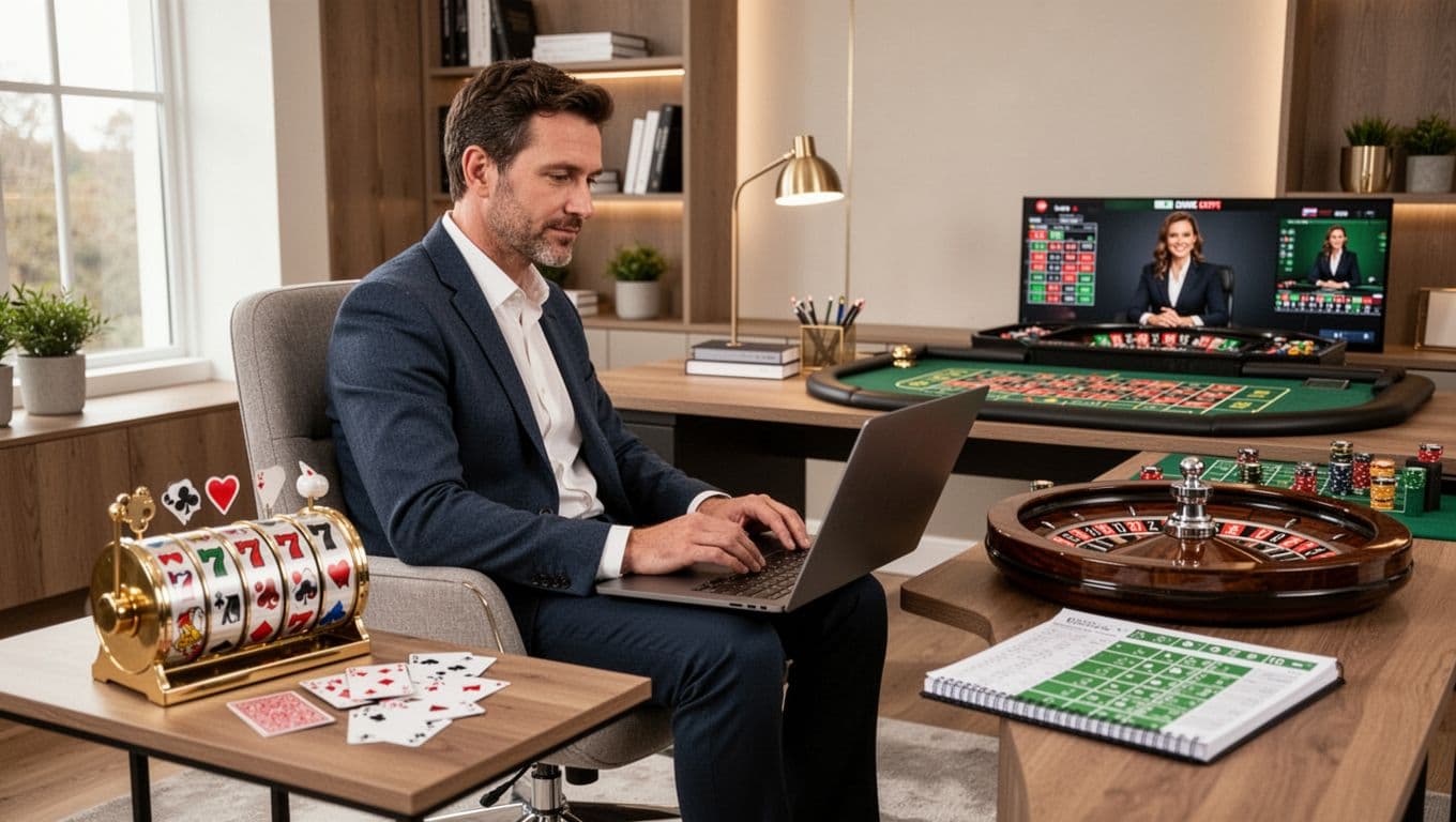 An adult player views a laptop beside cards, slot reels, roulette, and a sports betting notebook.