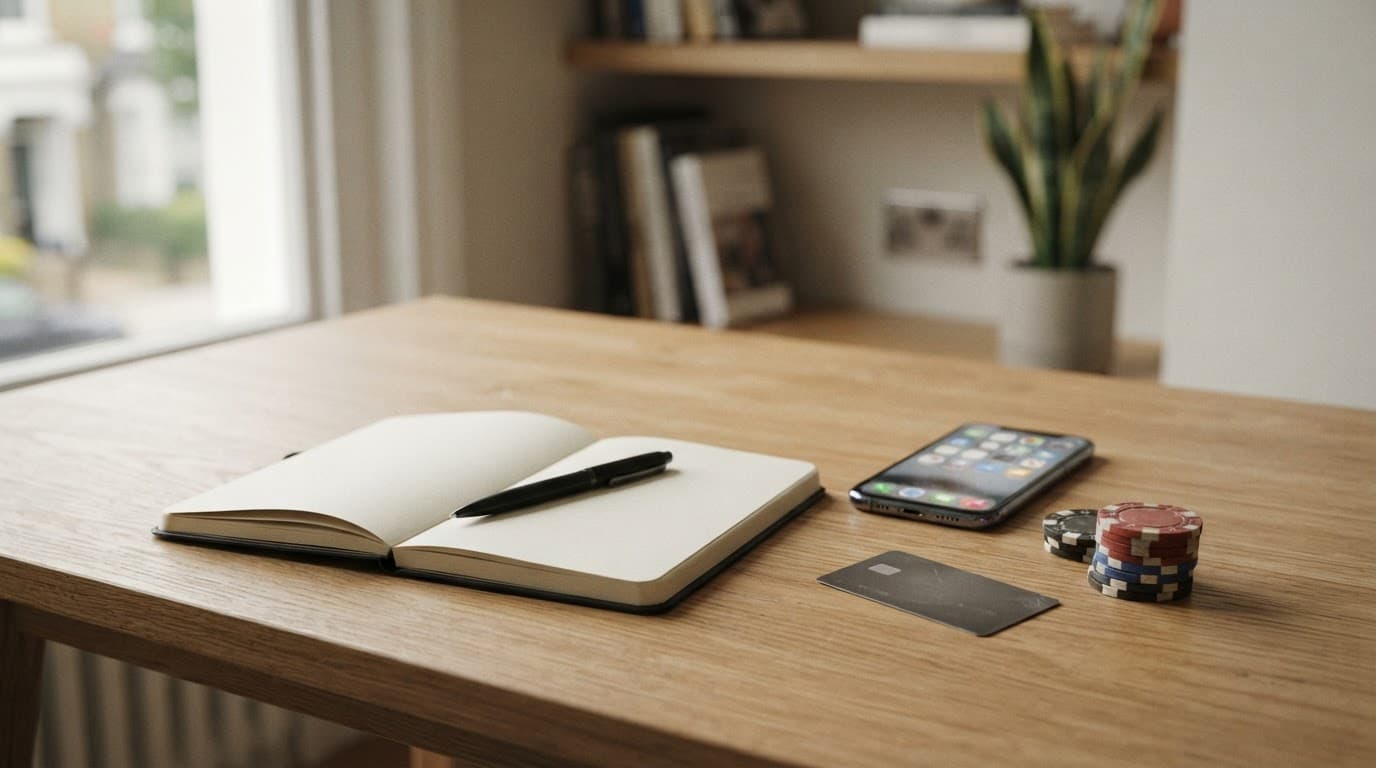 Smartphone beside a notebook, bank card, and casino chips on a tidy desk.