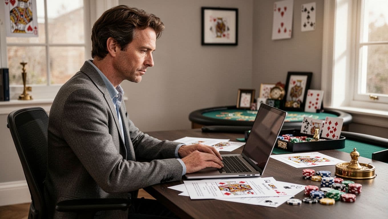 An adult reviews a laptop and papers at a home-office desk with cards and chips nearby.