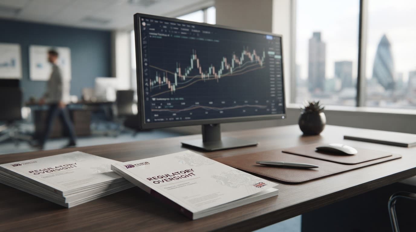 A tidy trading desk with a regulatory document and blurred currency charts on one monitor.