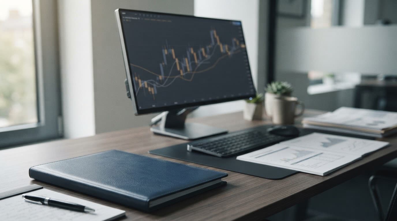 A regulation folder beside one monitor showing a blurred market chart in a modern office.