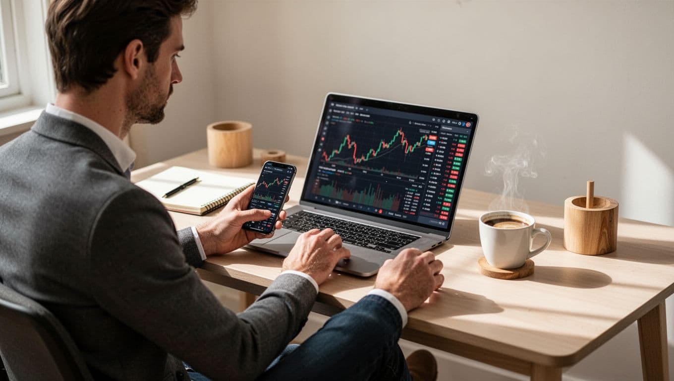 A forex trader checks blurred charts on a laptop and smartphone at a tidy home desk.