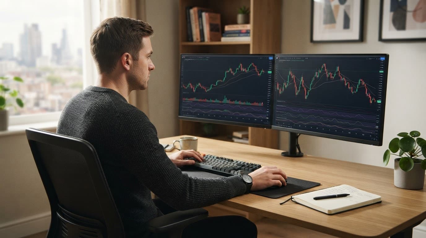 A trader reviews abstract currency charts on two monitors at a tidy home office desk.