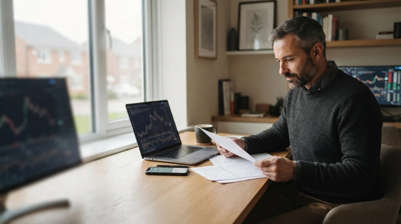 A UK trader reviews papers and a smartphone beside a laptop.