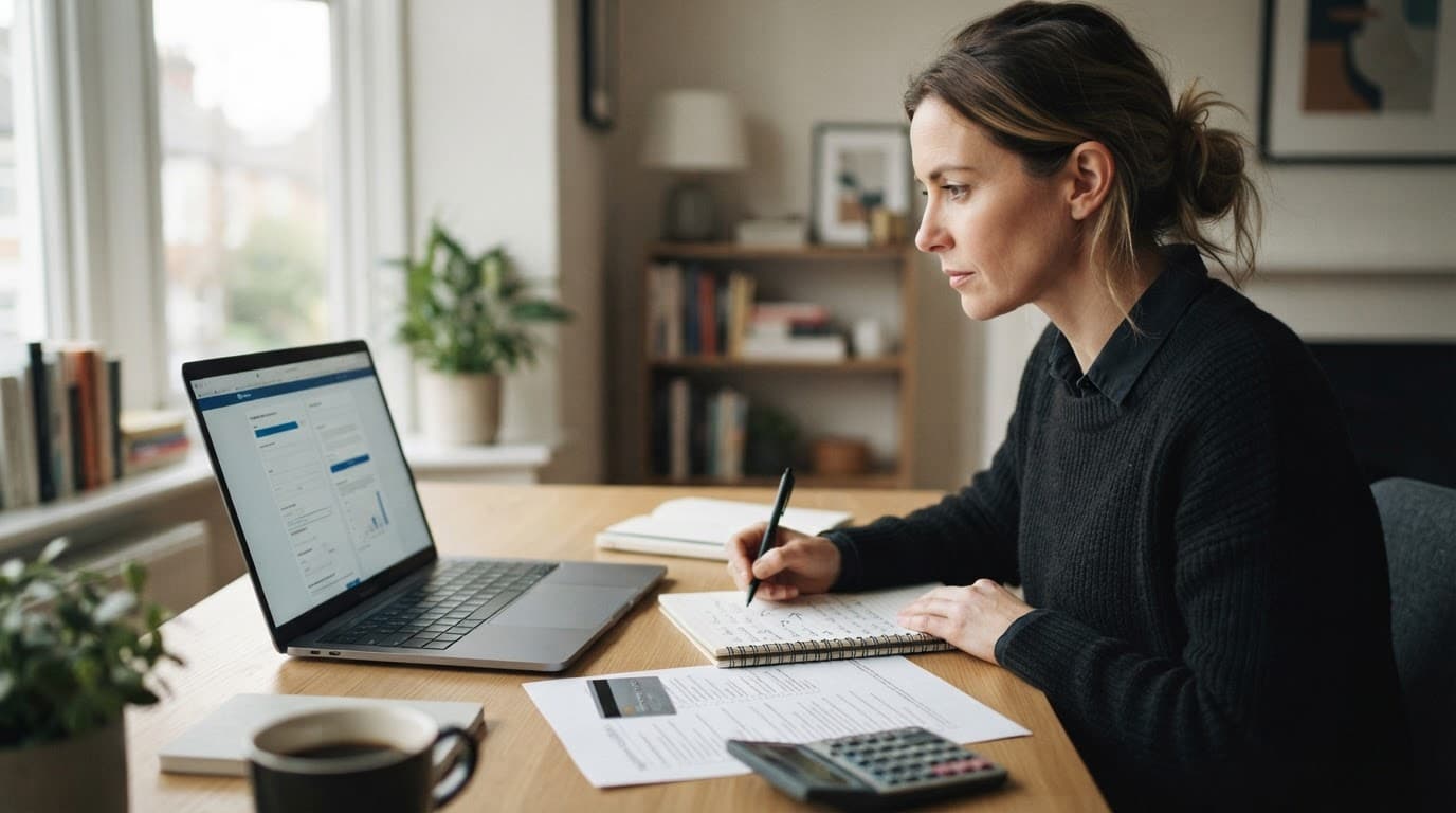 Adult reviewing gambling comparison notes beside a laptop, calculator, notebook, and printed checklist.