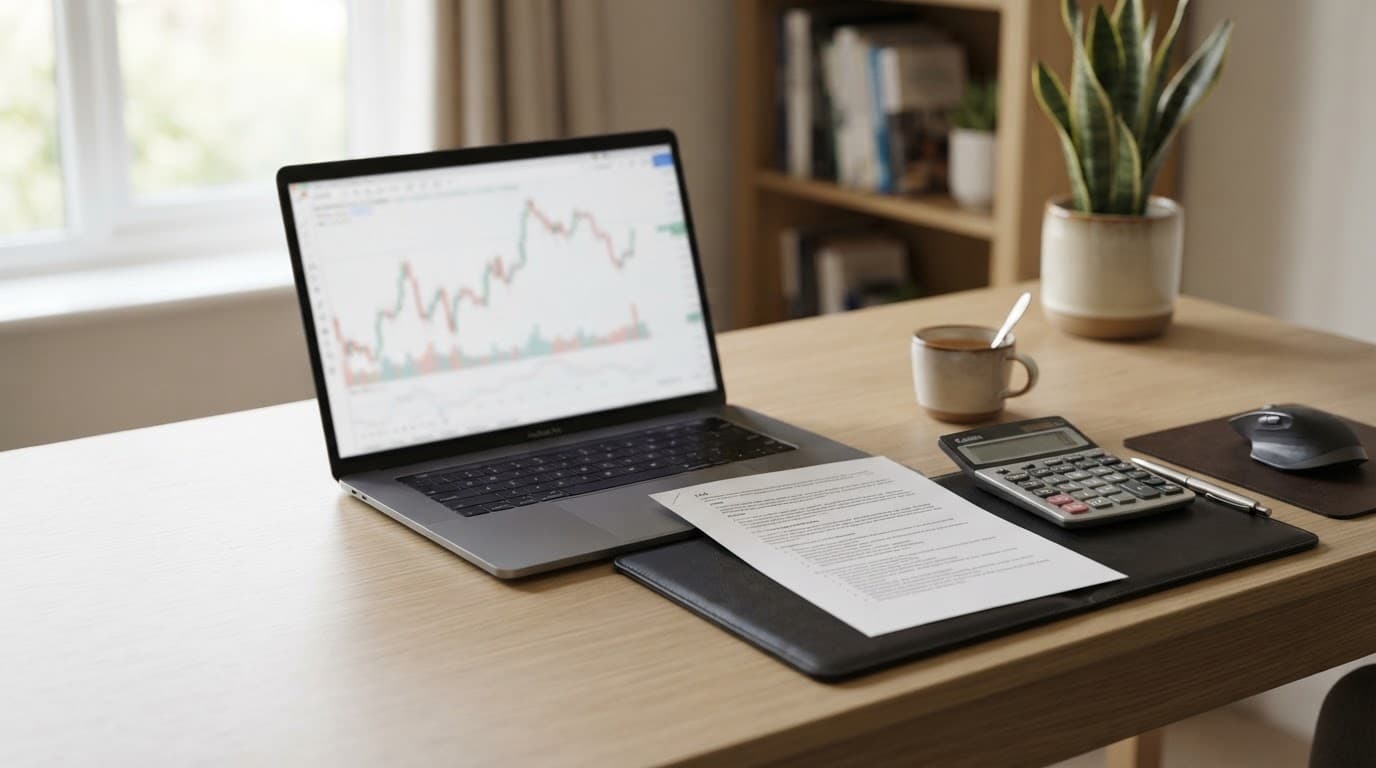 A home desk with a laptop, calculator, and printed document.