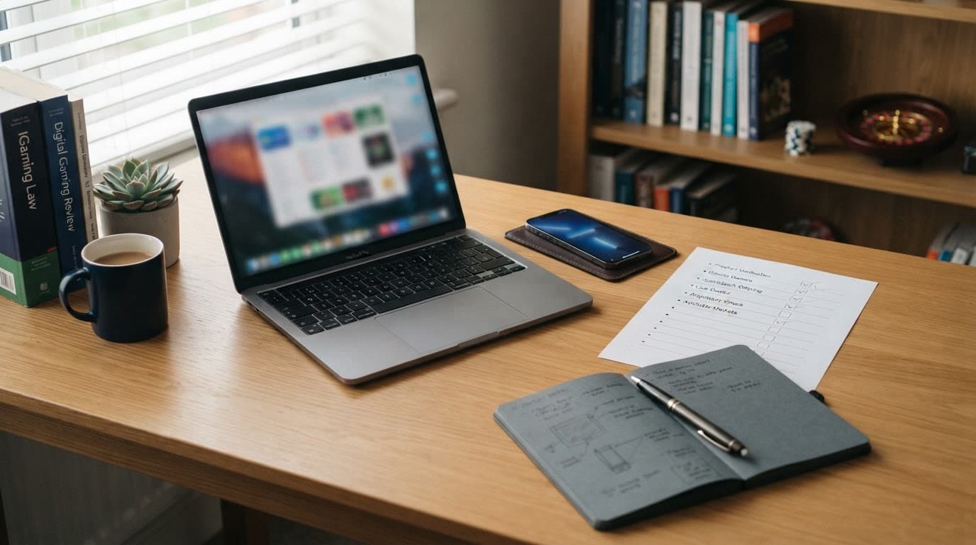 Laptop and smartphone beside a checklist on a tidy home-office desk.