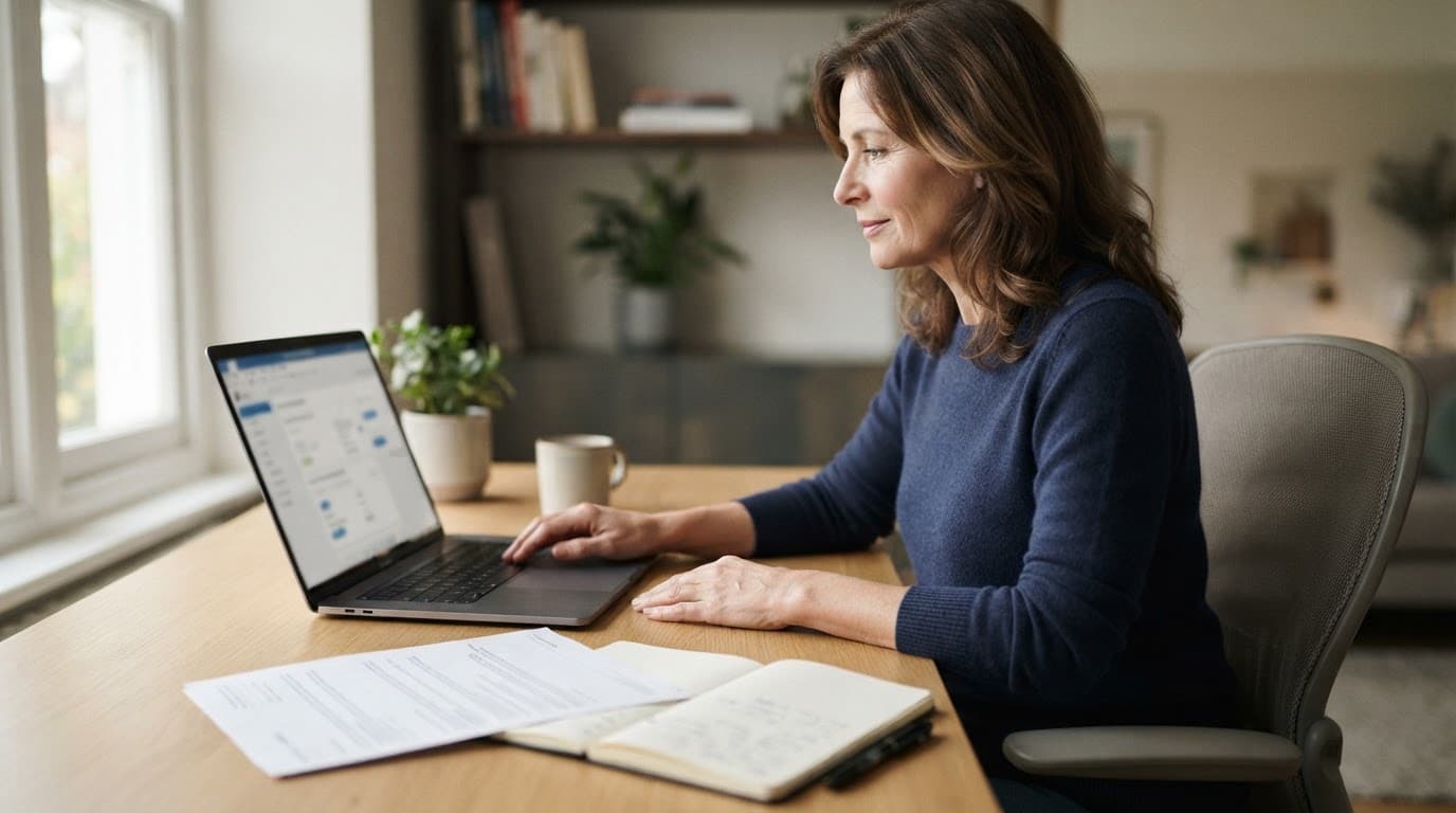 A consumer checks a blurred laptop screen beside account papers and a notebook.