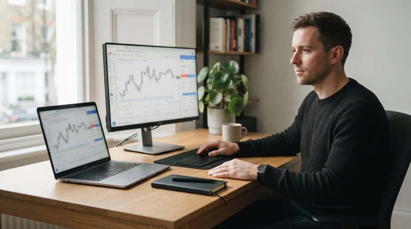 A trader reviews blurred forex charts and account panels at a tidy home desk.