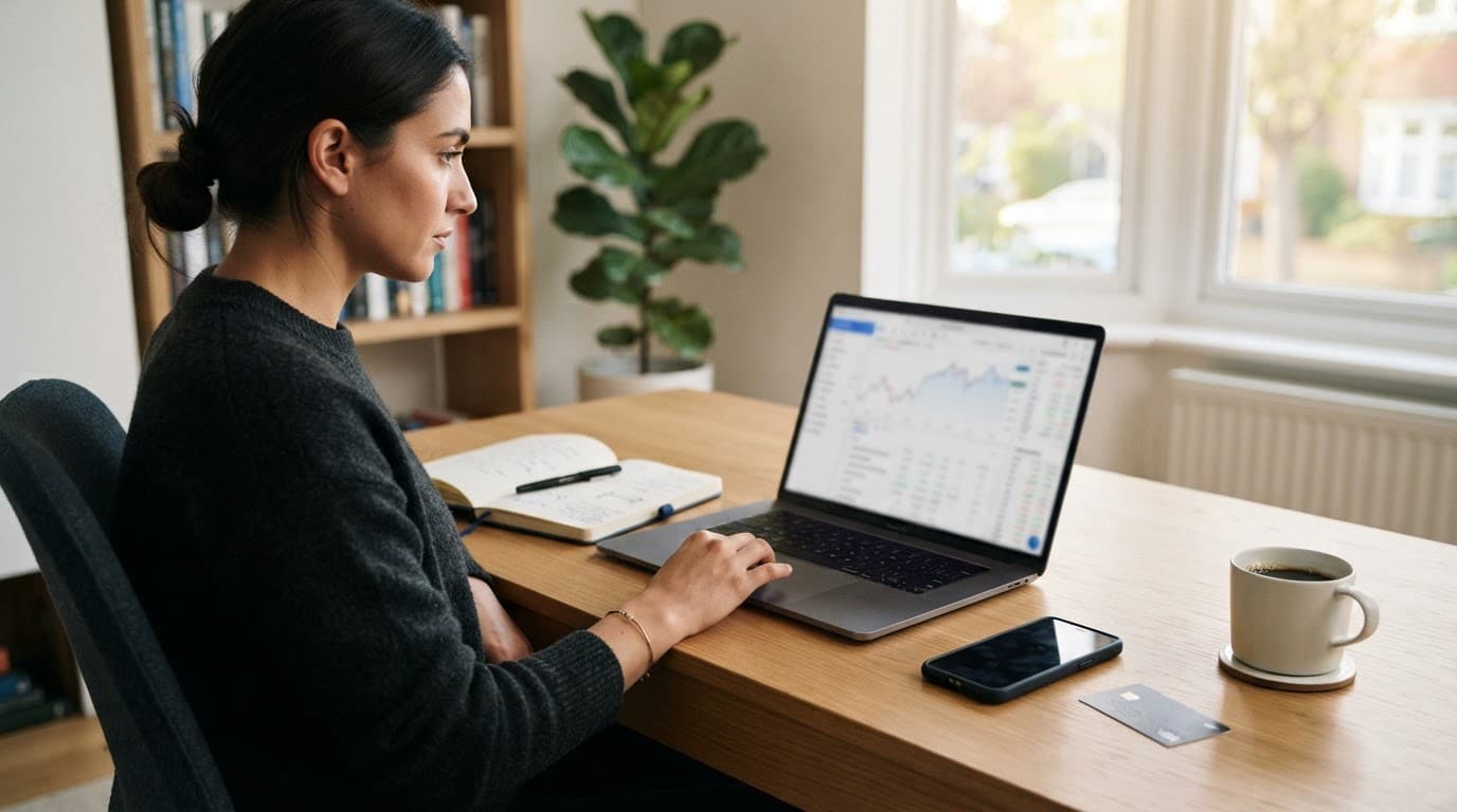 A trader checks a laptop beside a phone, bank card, notebook, and coffee.