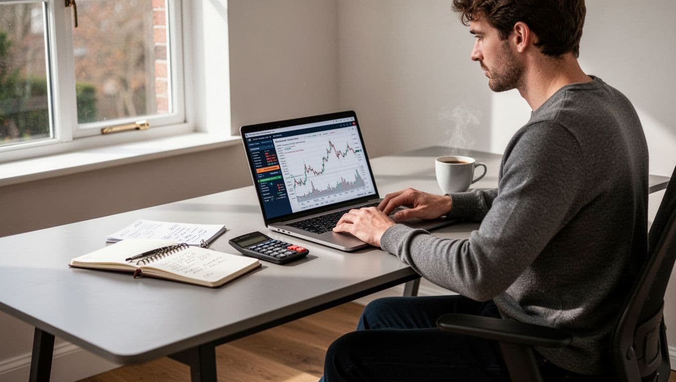 A UK trader reviews broker notes beside a laptop, calculator, notebook, and coffee.
