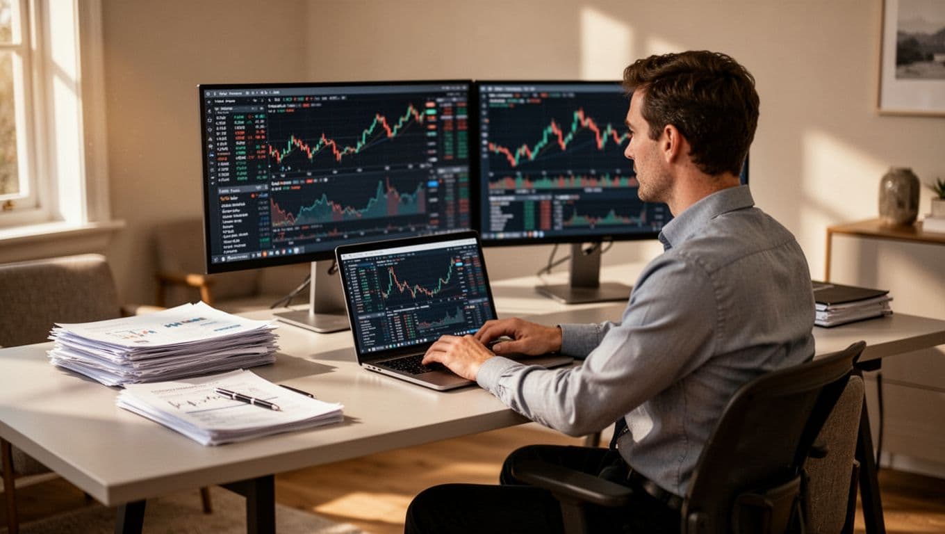 A trader reviews documents beside two screens at a tidy home-office desk.