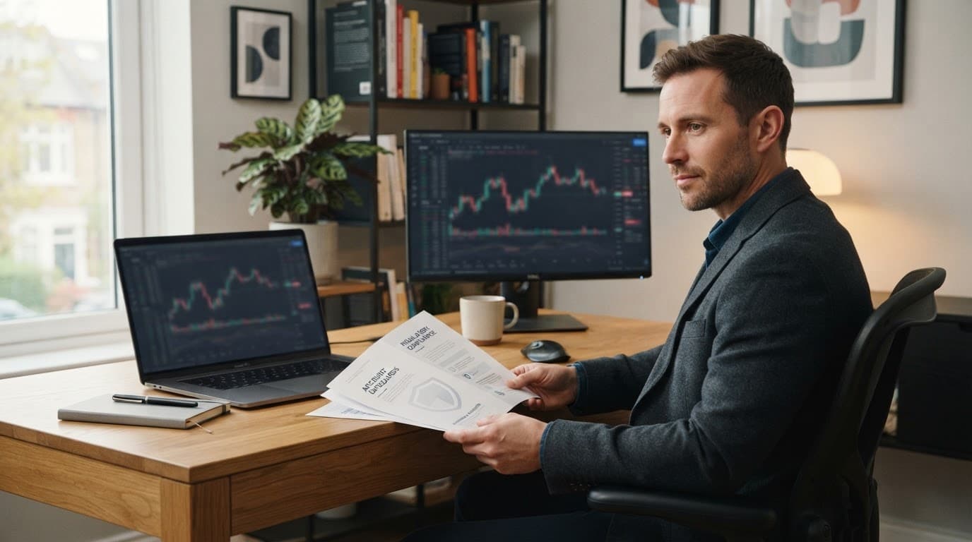 A trader reviews financial charts beside a paper shield symbol at a clean home office desk.