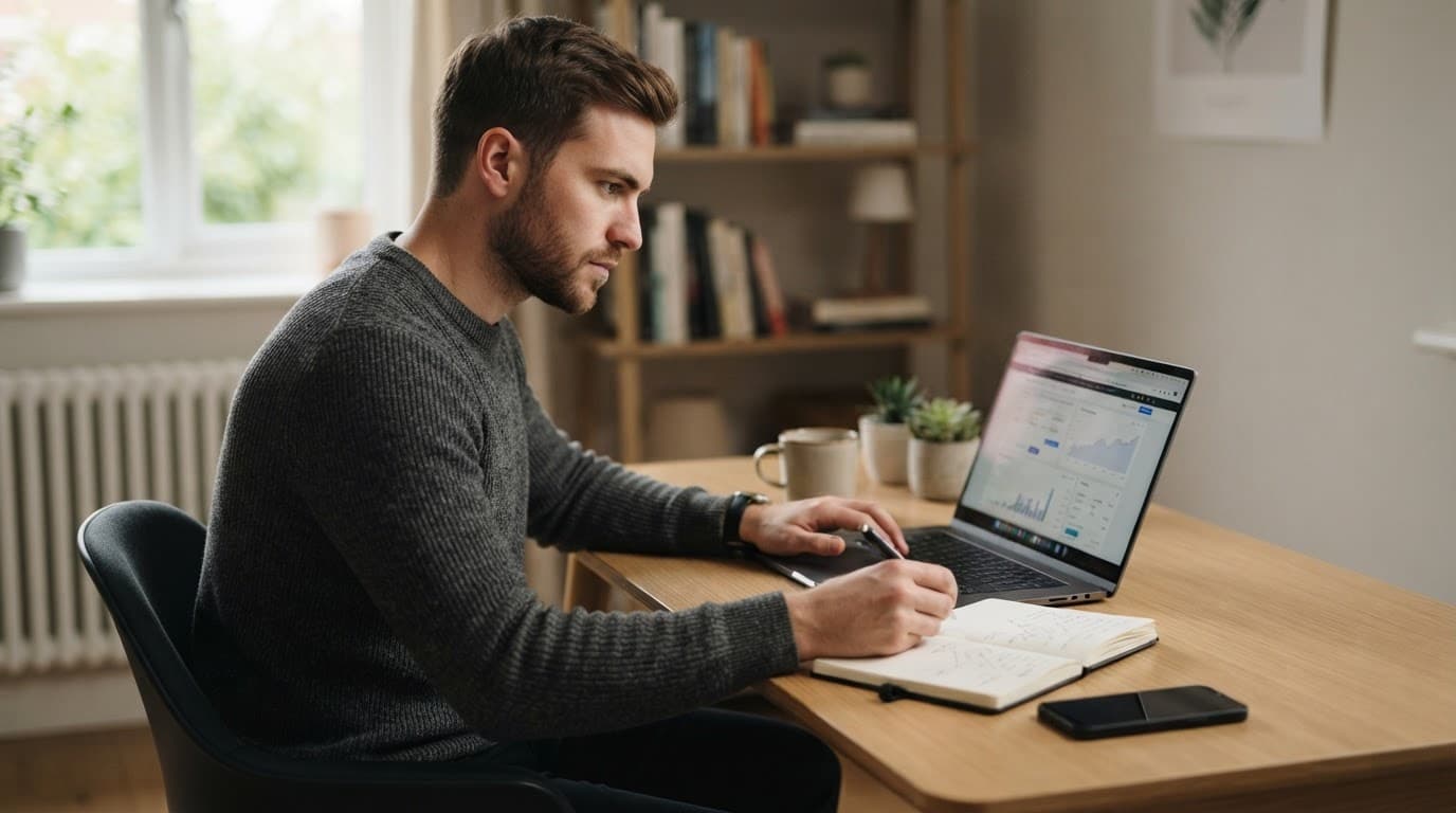 A trader reviews broker safety on a laptop beside a notebook and phone.