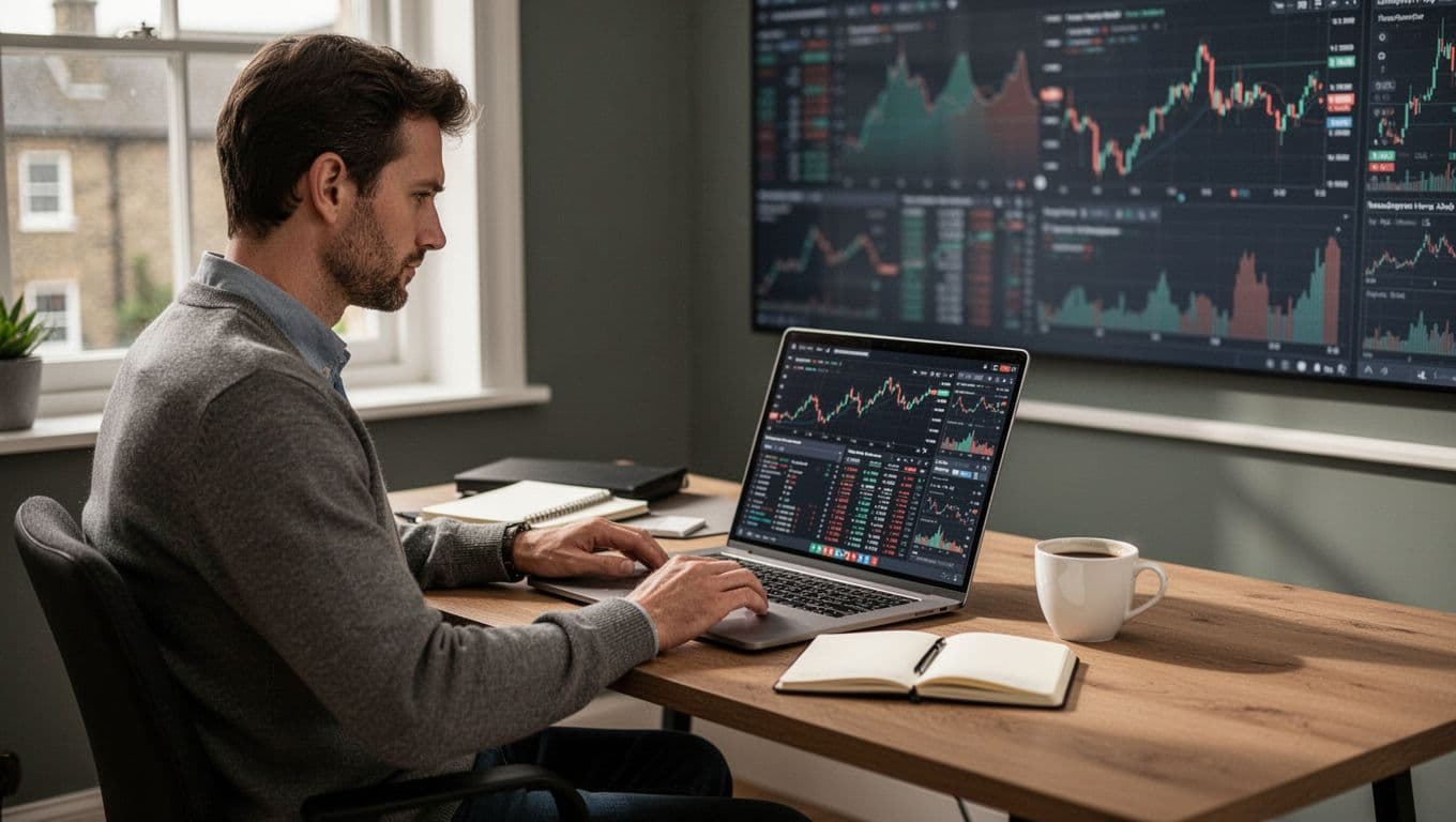 UK trader reviewing blurred charts on a laptop with a notebook and coffee nearby.