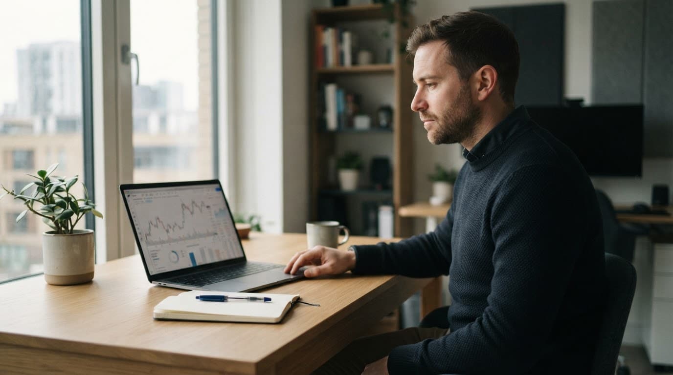 A UK trader reviews charts on a laptop beside a notebook.