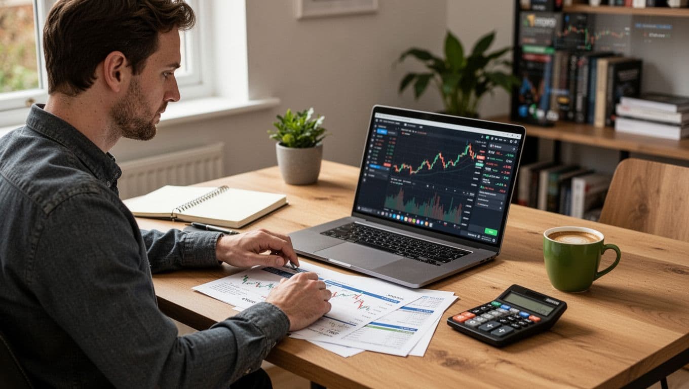 A UK trader reviews charts and broker papers at a home office desk.