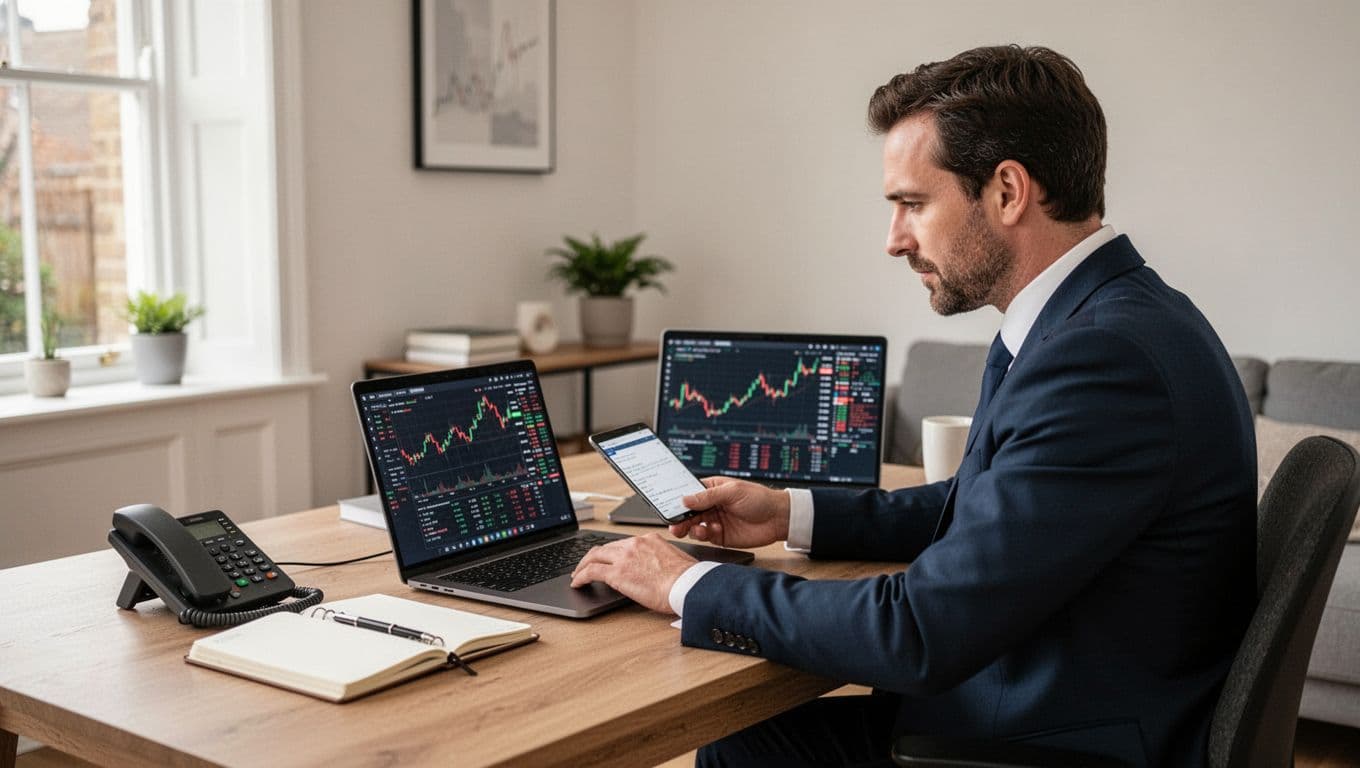 A UK trader reviews market charts on a laptop beside a phone and notebook.