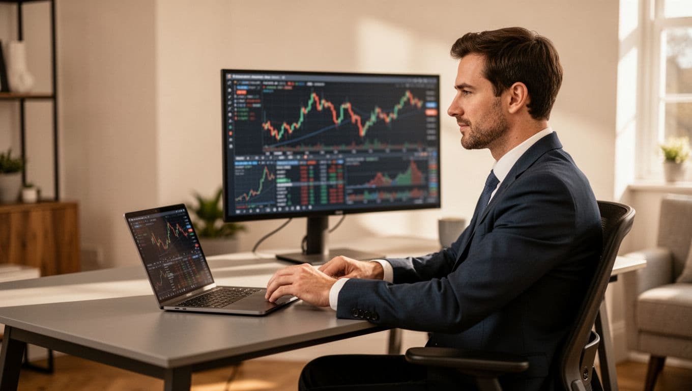 A trader reviews market charts on a laptop and monitor at a bright home-office desk.