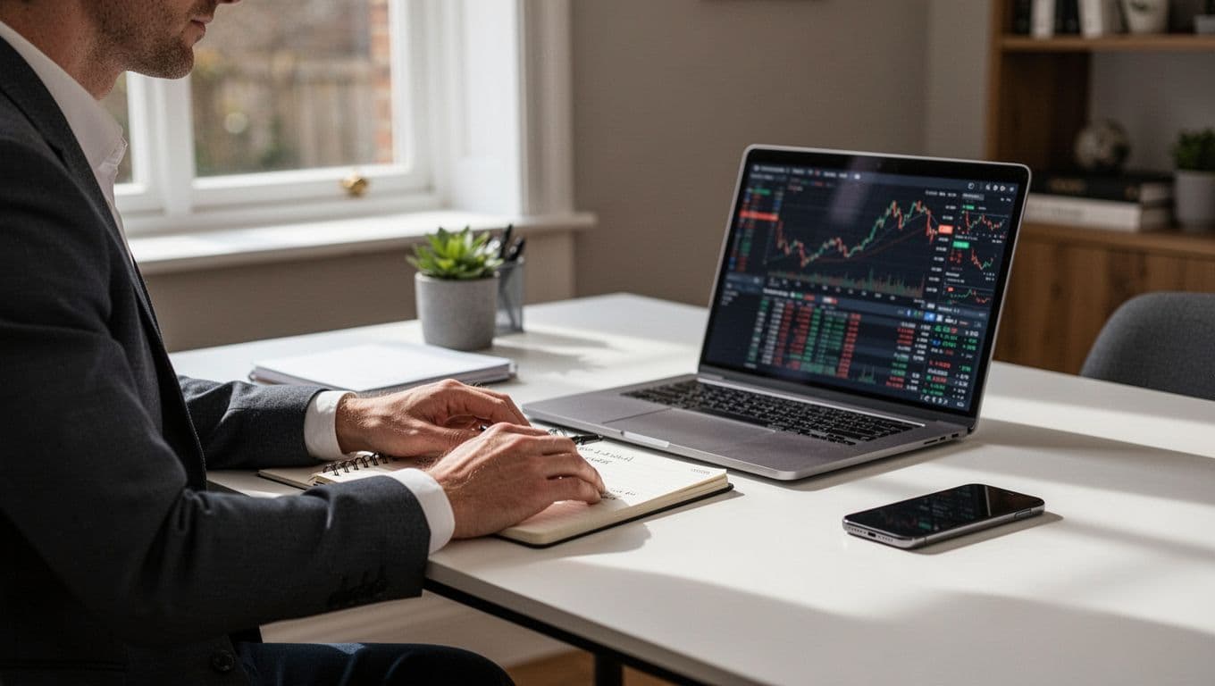 A UK trader reviews a checklist beside a laptop, phone, and blank notebook.