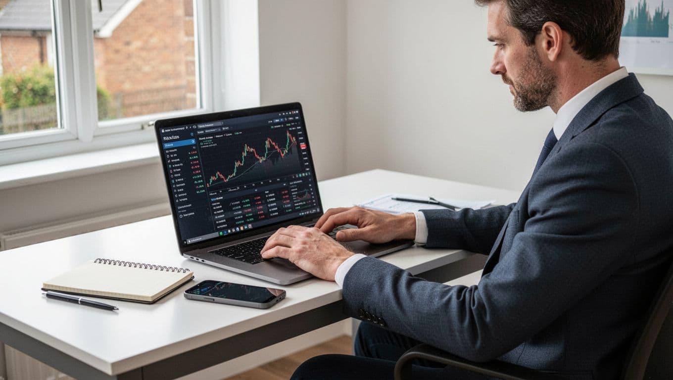 A UK trader reviews charts at a home-office desk with a laptop, notebook, and phone.