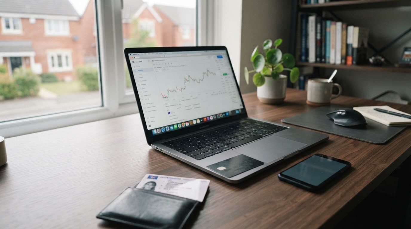 Laptop, bank card, phone, and identity document on a tidy home office desk.