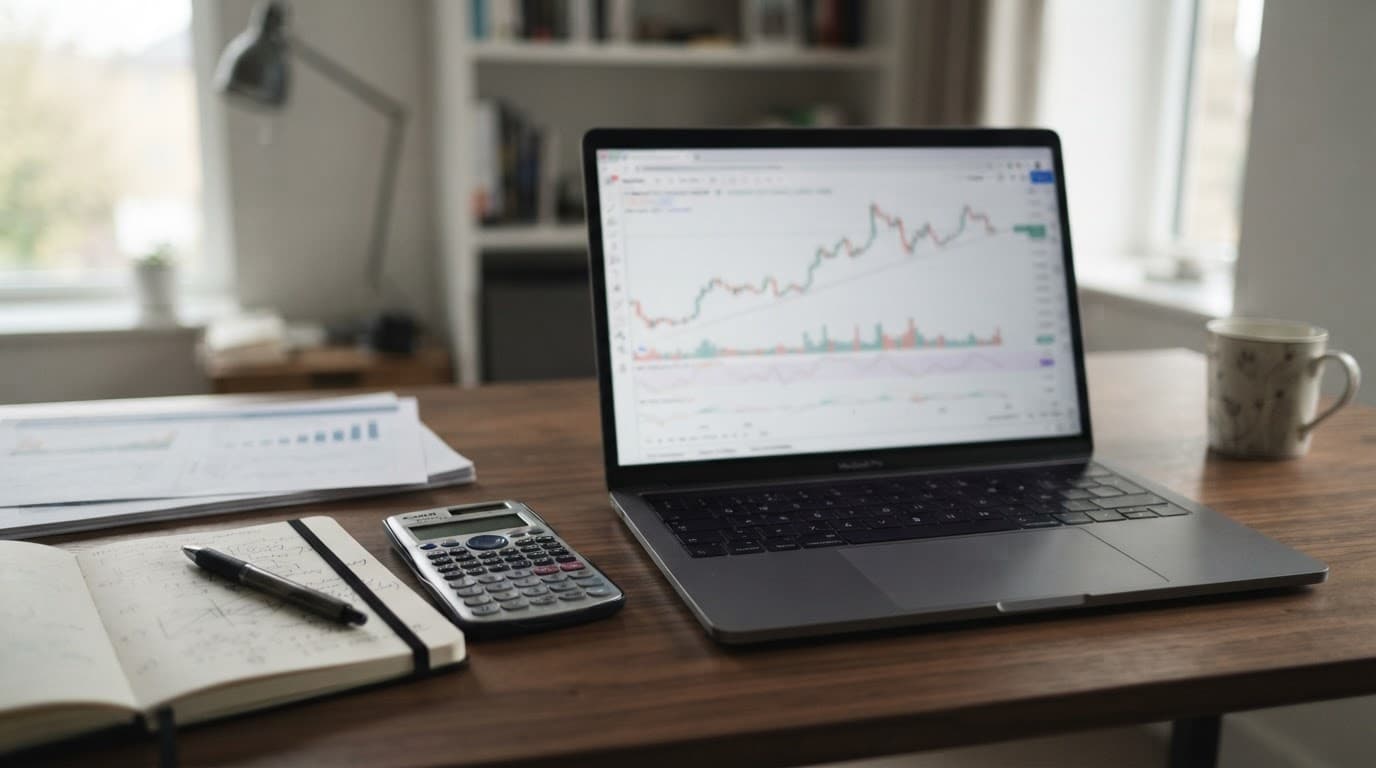 Laptop with blurred charts, notebook, calculator, and assessment papers on a home office desk.